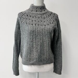 Apt 9 Embellished Mock Neck Sweater Size Medium Gray Chunky Knit Wool Blend